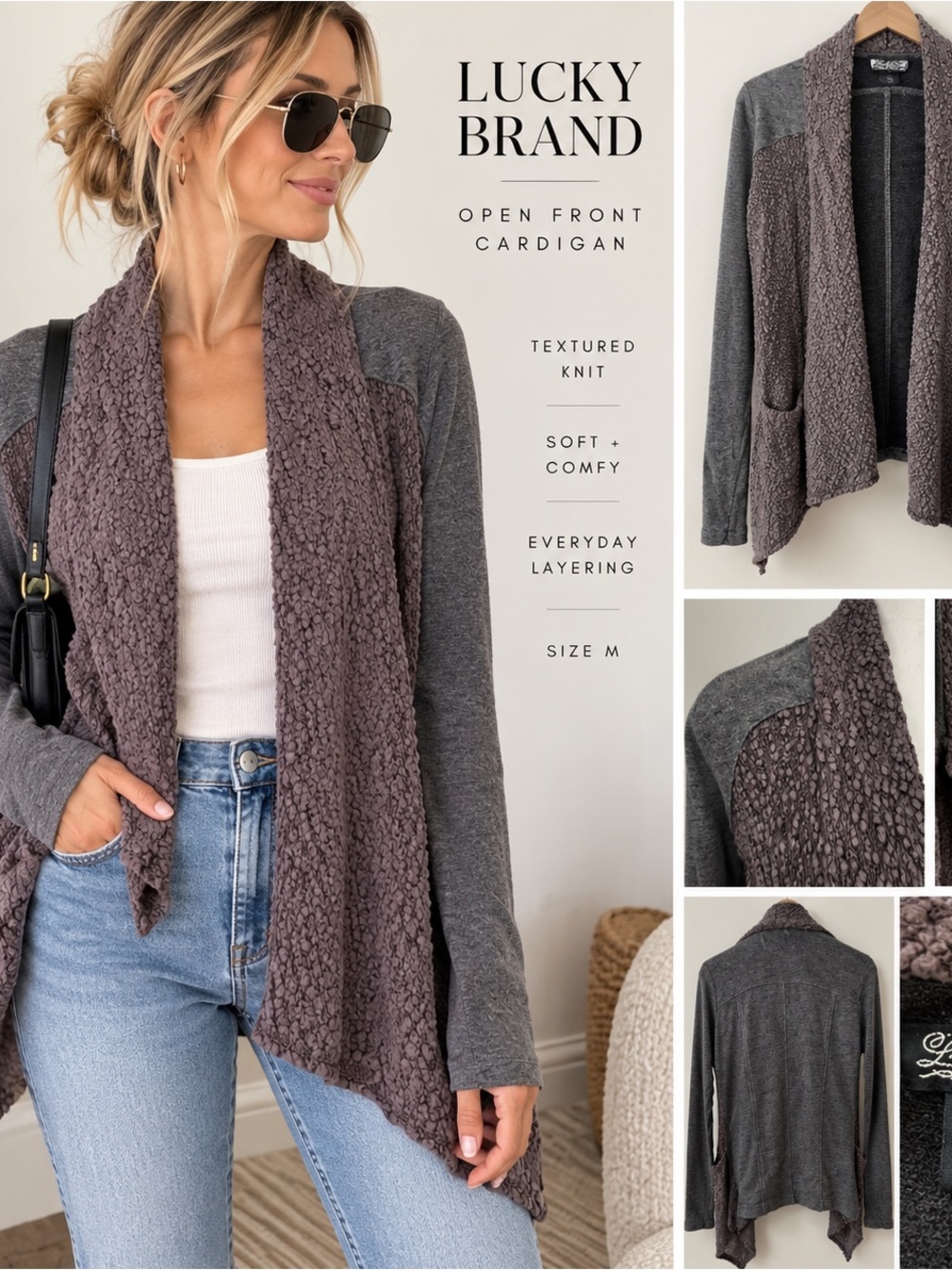 Lucky Brand Textured Draped Open Front Cardigan Medium
